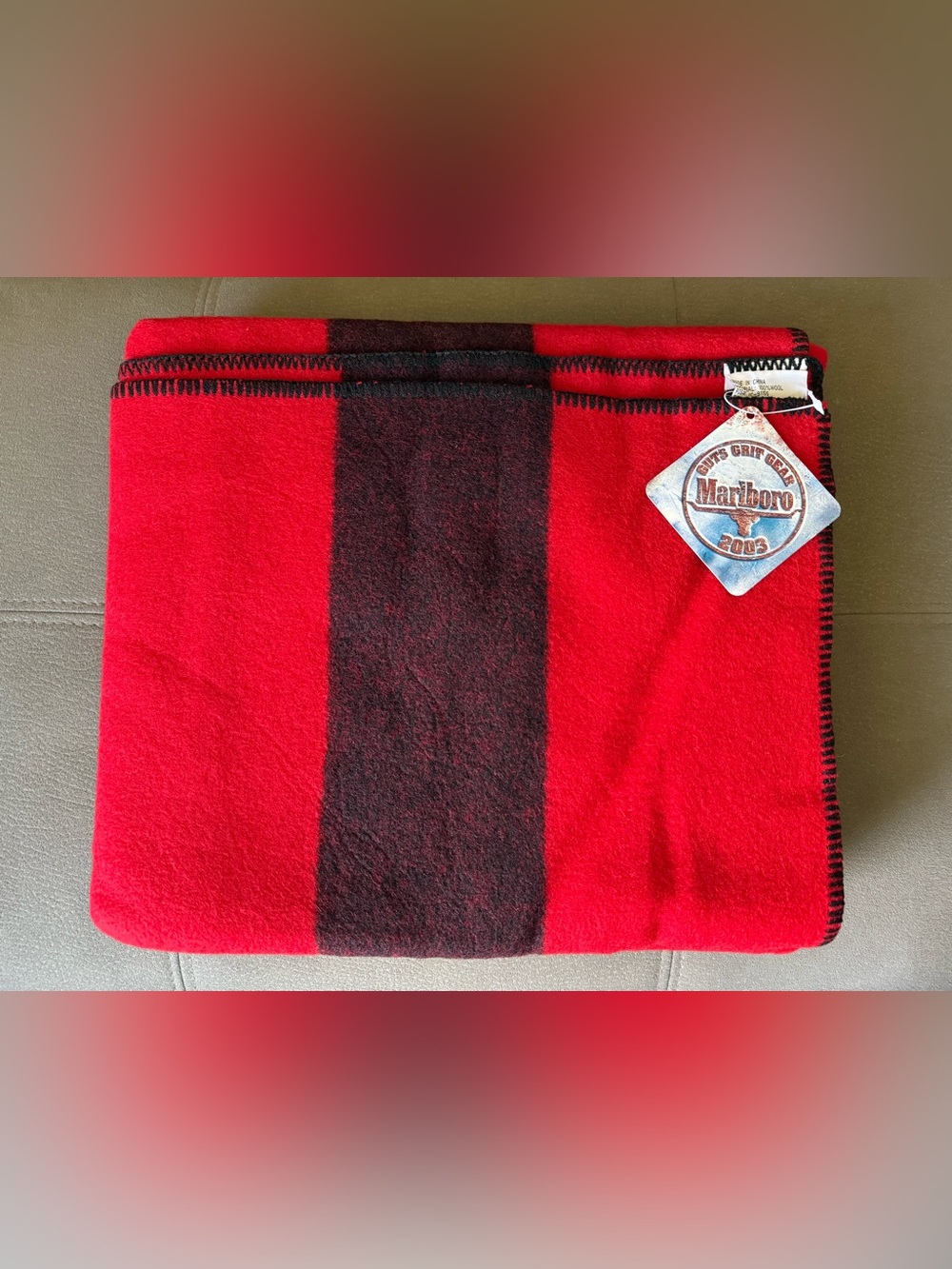 Vintage 2003 Marlboro 100% Wool Blanket Red + Black Classic Cowboy Cigarette NWT